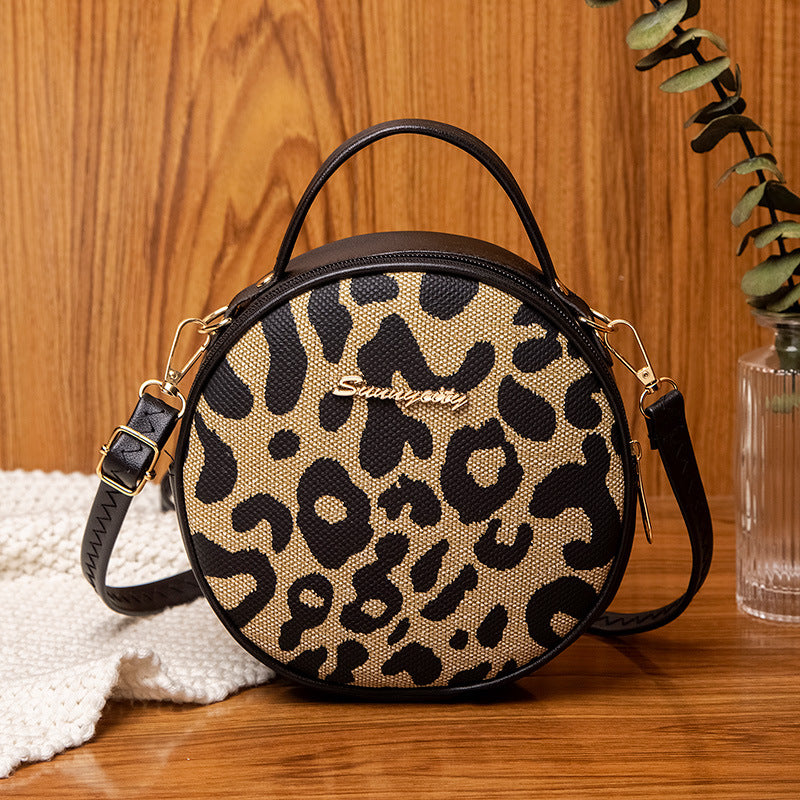 Wholesale PU Leopard Handle Shoulder Small Round Bag